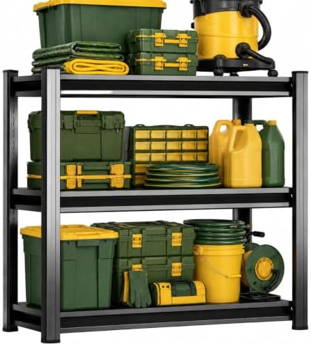 Garage Shelving Heavy Duty Shelving Unit, 1200 LBS 3-Tier Adjustable Boltless Storage Rack, Organizer for Garage Warehouse Kitchen Basement Workshop Household Supplies, 31.5"H x 31.5"W x 13.8"D, Black