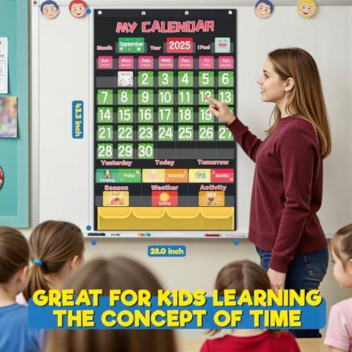 Classroom Black Calendar Pocket Chart for Elementary with 144 Cards