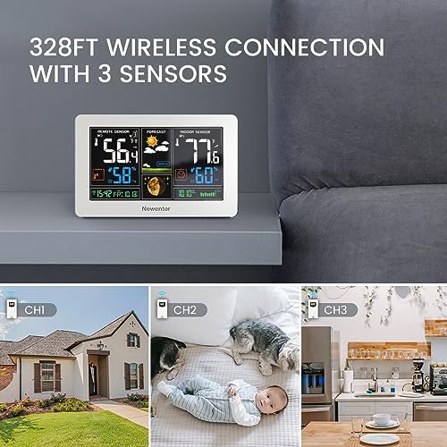 Newentor Weather Station Wireless Indoor Outdoor Thermometer, White,3Sensor