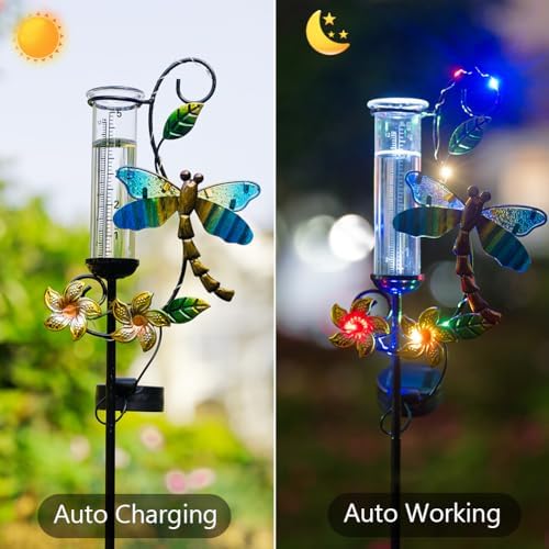 Stargarden Rain Gauge Outdoor, Metal Dragonfly Rain Gauge with 5 inch Glass Tube