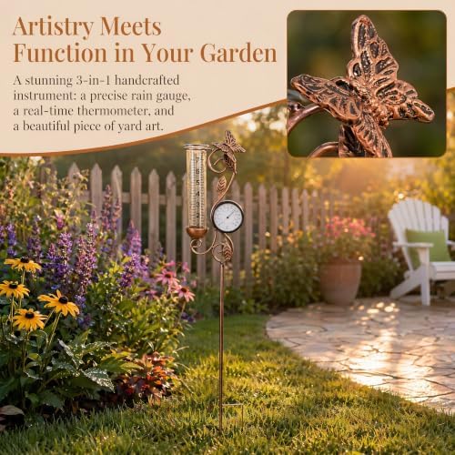 Rain Gauge Outdoor with Thermometer, Butterfly Metal Garden Stake