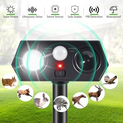 2026 Sonic Fortress Pro Deer Repellent Devices Solar Ultrasonic Animal Repellent Outdoor with Motion Sensor & Flashing Light Cat Squirrel Deterrent to Keep Racoon Rabbit Out of Yard & Garden 4 Pack
