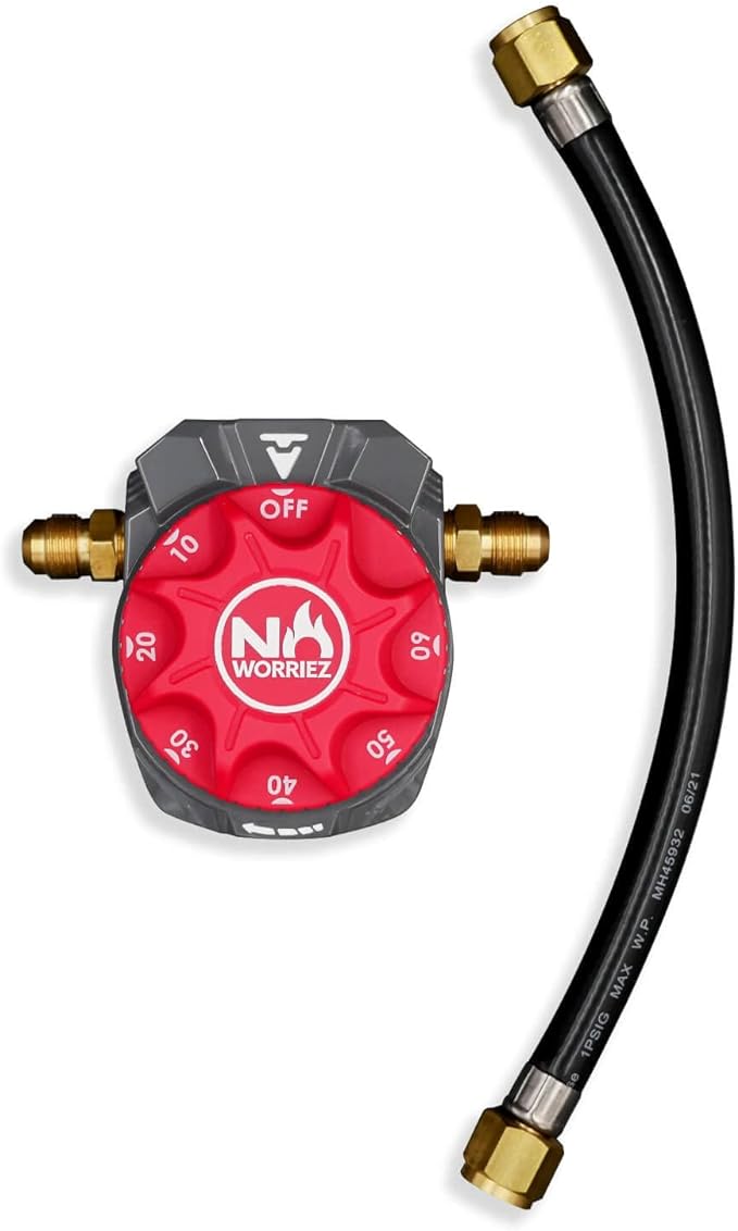 NO WORRIEZ Safety Auto Shut-Off Gas Timer for Propane & Natural Gas | Outdoor Grill, Fire Pit, Pizza Oven | – 100,000 BTU w/ 3/8" Flared Connector & Hose, Patent Pending