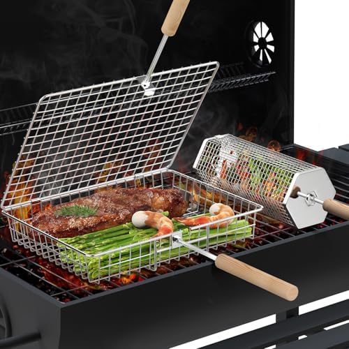 ivtivfu Grill Basket Set, Removable Wooden Handle, Rolling Grilling Tools
