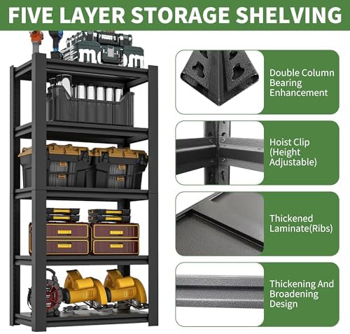 Garage Shelves, 63" H Garage Shelving Heavy Duty, 3000Lbs 5 Tier Adjustable Garage Storage Shelves Suitable for Warehouse, Basement, Workshop,Require Assembly, 15.75" D*31.5" W *63" H(Black)