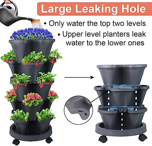 GameXcel Vertical Planter Tower - 5 Tier Stackable Garden Planters with Wheels and Tools Plant Pots for Strawberry Herb Flower and Vegetable Indoor Outdoor Use Dark Gray