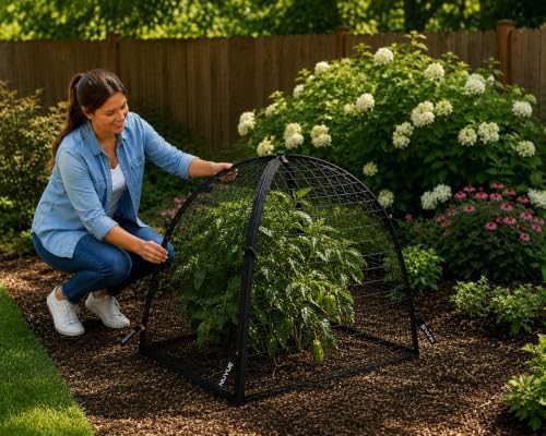 NuVue Products 32109 Pop-Up Garden Netting Pest Guard Cover with Ground Spikes, Mesh Plant Cover Tent for Pest and Animal Control, Black, 52" x 52" x 54"