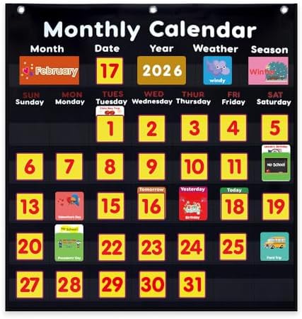 Calendar and Weather Pocket Chart Classroom,Monthly & Weather Pocket Chart,Monthly Calendar Pocket Chart with Cards for Classroom Supplies (Black)