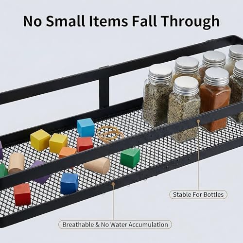 PUSDON 2-Pack 16.5" Extra Long Slim Shower Caddy, Adhesive Wall Mount Bathroom Organizer, Rustproof Open Frame Mesh Spice Rack for Kitchen, Holds 50LBS - Matte Black, Guardrail