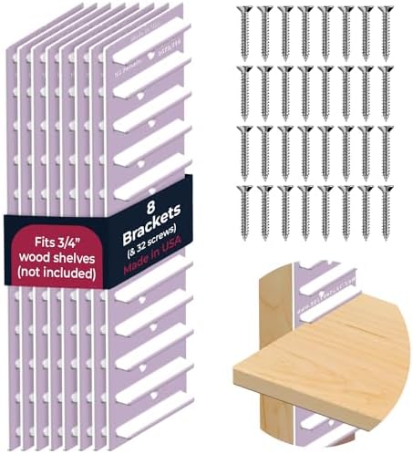 Made in USA EZStudRack Adjustable Shelf Brackets, 8-Pack (4 Pairs) – Easy-to-Adjust One-Row Storage for Custom-Fit Shelves – Your Items, Your Wood, You Supply It