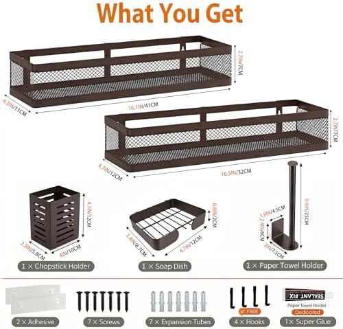 PUSDON 5-in-1 16.5" Extra Long Slim Wall Mount Wrapped Mesh Kitchen Organizer & Shower Caddy Kit, with Paper Towel Holder, Utensil Holder, Soap Dish, Holds 50LBS - Vintage Bronze, Netting