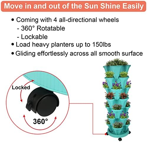 GameXcel Vertical Planter Tower - 7 Tier Stackable Garden Planters with Wheels and Tools Plant Pots for Strawberry Herb Flower and Vegetable Indoor Outdoor Use Teal