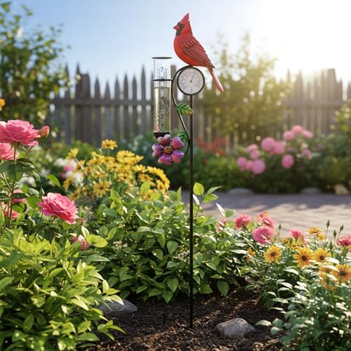40" Garden Rain Gauge - 7" Glass Tube for Outdoor Indoor Use, Patio Yard Decor Statue,Metal Red Bird Rain Gauge.