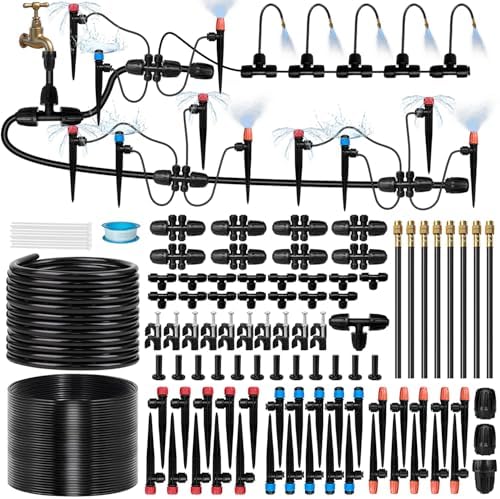 230FT Drip Irrigation System for Garden with 38pcs Adjustable Copper Nozzles & Emitters, Automatic Garden Watering System with 1/2" & 1/4" Tubing for Raised Bed, Yard, Greenhouse, Potted Plants, Lawn
