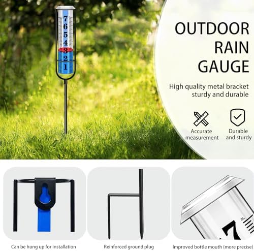 Rain Gauge Outdoor, Rain Gauges Outdoors Best Rated, Accurate Rain Measure Gauge for Garden, Thickened Tube Rain Meter with Stake, Adjustable Height & Large Font Water Gauge for Rain, Easy to Read