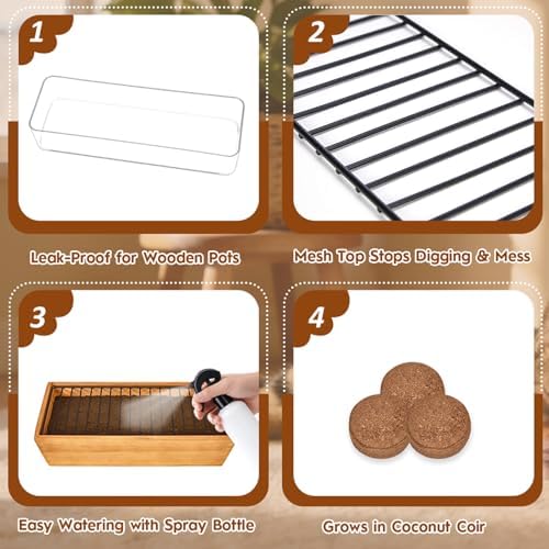 Wooden Cat Grass Planter (no Seeds Included) Anti Digging Design，with Anti-Digging Grid, Potting Soil Disks,Watering Bottle and Removable Plastic Liner,Cat Grass Kit for Indoor Cats Rabbits Pets