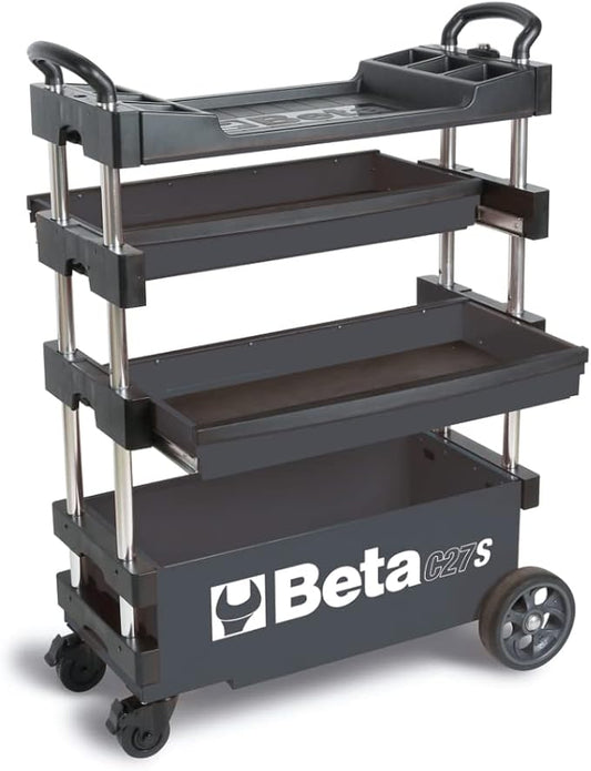 Beta C27S Collapsible Rolling Tool Cart | Heavy-Duty Mobile Metal Tool Trolley with Locking Drawers, 4” Steering Wheels, Brake System | Thermoplastic Worktop | Gray