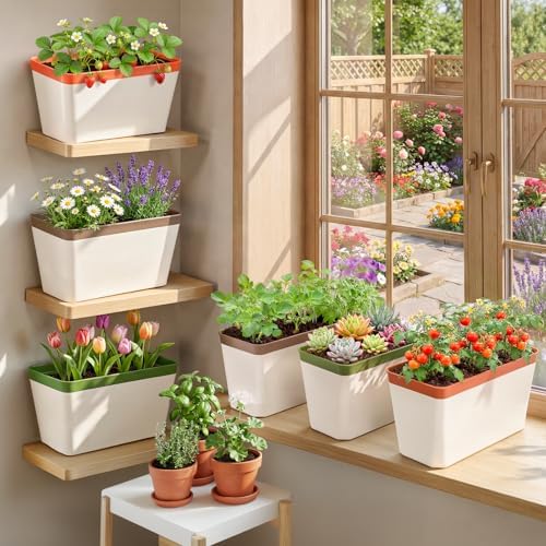OurWarm Self Watering Pots for Indoor Plants, 6 Pack 10.5 Inch Plastic Window Herb Planter Box with Water Level Indicator, Modern Decorative Windowsill Planters for Herbs, Flowers, Seedlings