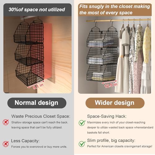 PUPPYCUTE Larger & Deeper Hanging Storage Basket, Closet Organizers and Storage, Hanging Shelves Wire Baskets for Clothing Sweaters Purse Handbags Shoes Black 3 Tier