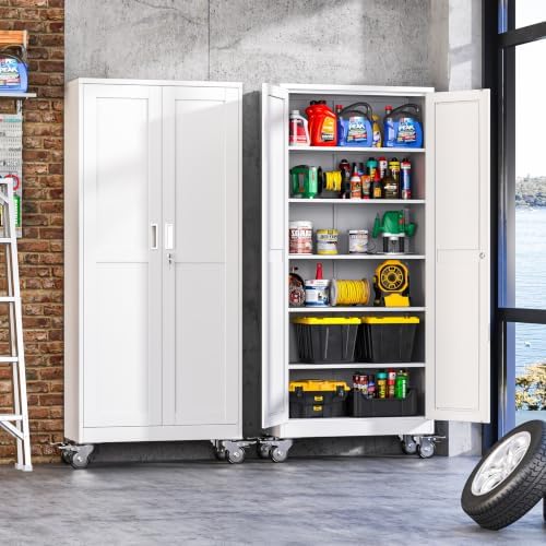 75-Inch Metal Garage Storage Cabinet with Wheels, Locking Doors and Shelves
