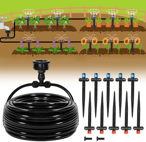 55FT Quick-Connect Drip Irrigation Kit, Garden Watering System DIY Automatic Irrigation Equipment Set for Lawn Raised Bed Greenhouse Plant Watering with 1/4'' Tubing, Drip Emitters, Connectors