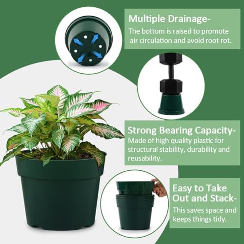 RooTrimmer 15 Pack 4/6/8 Inch Plant Nursery Pots, Sturdy Plant Pots with Drainage Holes, Ideal for Seedlings, Indoor/Outdoor Use, Green