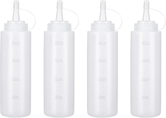 Condiment Squeeze Bottles Ketchup Dispenser, 4 Pack 8oz Squeeze Bottles for Liquids, Plastic Sauce Bottle with Cap Lid, Squirt Bottles for Sauces Liquids BBQ Dressing Pancake Art