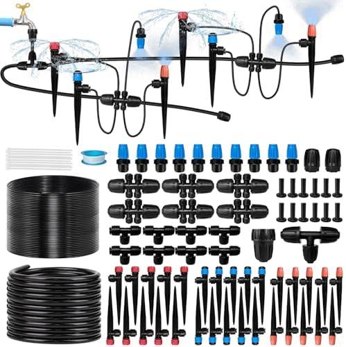 260FT Drip Irrigation System for Garden with 40 Nozzles & Emitters, Garden Watering System with 1/2" & 1/4" Tube and Barbed Fittings - Adjustable Sprinklers Kit for Greenhouse,Lawn,Pond De-Icer