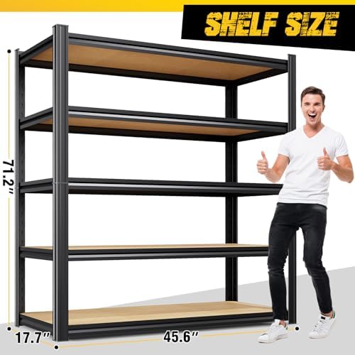 71" H x 45.6" W Garage Shelving, 5-Tier Adjustable Metal Storage Shelves, Utility Steel Storage Rack for Garage, Warehouse, Pantry, Basement, Industrial & Workshop Organization,17.7" D