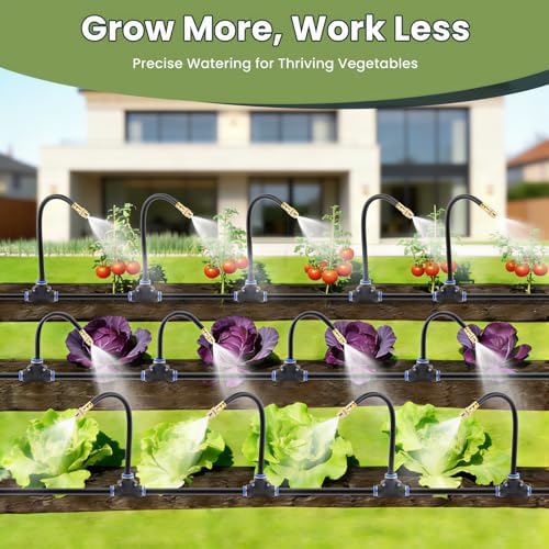 Automatic Drip Irrigation Kits - Garden Watering System with 360° Bendable Spray Adjustable Copper Atomizing Nozzles for Yard, Lawn, Raised Bed, Greenhouse, Potted Plants (24 Nozzles, 100FT Hose)