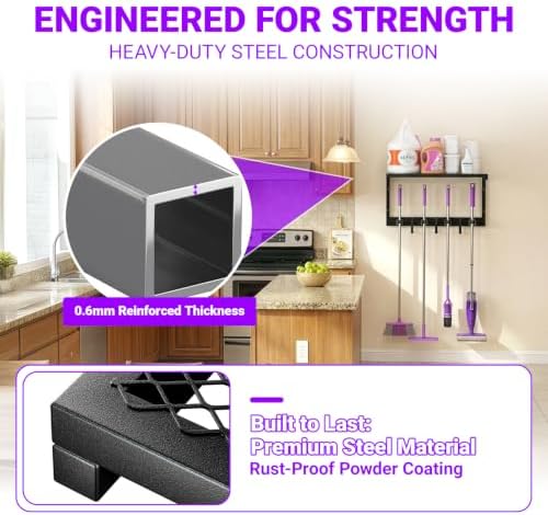 Heavy Duty Broom Holder Wall Mount, All-Metal Mop Rack with Storage Shelves
