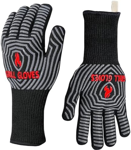 QUWIN BBQ Gloves, Oven Gloves 1472℉ Extreme Heat Resistant, Grilling Gloves Silicone Non-Slip Oven Mitts, Kitchen Gloves for BBQ, Grilling, Cooking, Baking-1 Pair… (Black, One Size(Long Cuff))