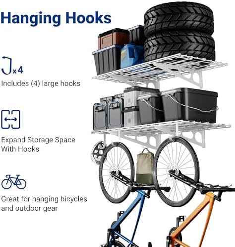 FLEXIMOUNTS 2-Pack 2x4ft Garage Shelving with Hooks, 600lbs Load, White
