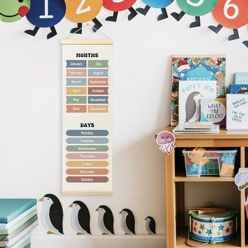 TLESKE Months of the Year Days of the Week Classroom Wall Art Poster, Educational Wall Decor Hanging Poster with Hanger Frame for Classroom, Toddlers Kids Wall Prints Picture Framed Banner, 12x35