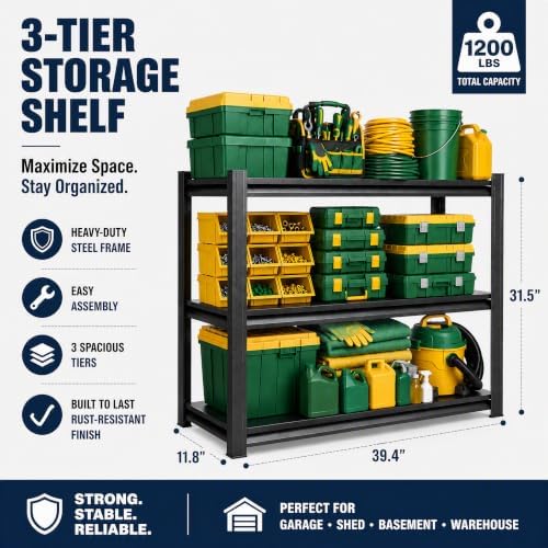 Garage Shelving 1200 LBS 3-Tier Adjustable Heavy Duty Shelving Unit