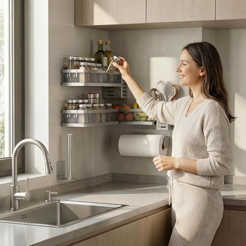 PUSDON 5-in-1 Wide Wall Mount Wrapped Mesh Kitchen Organizer & Shower Caddy Kit, with Paper Towel Holder, Utensil Holder, Soap Dish, Heavy Duty 50LBS - Silver Gray, Netting
