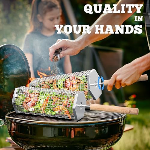 ivtivfu Rolling Grill Baskets, Removable Wooden Handle, Nesting BBQ Tools