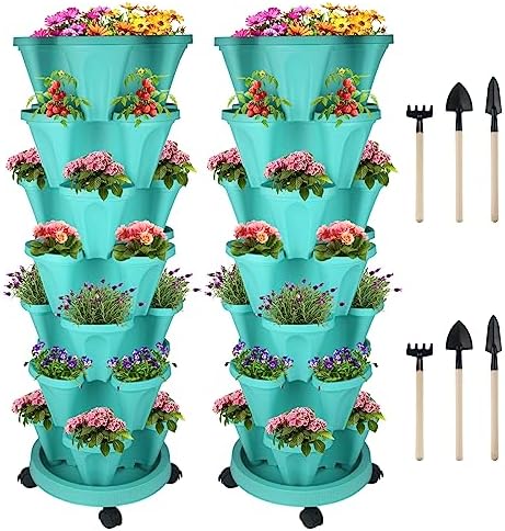 DUNCHATY Stackable Planter, Vertical Garden Planter with Wheels and Tools, Self Watering Strawberry Planter Indoor/Outdoor 7 Tier Herb Planter Pots for Growing Vegetables and Succulents, Teal