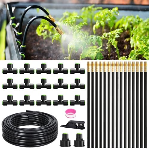 RAINPOINT 50FT Drip Irrigation System, Garden Watering Kit with 15pcs 360°Adjustable Copper Nozzles, Automatic Atomizing Watering Sprinkler System for Greenhouse, Lawn, Raised Beds, Outdoor Plants