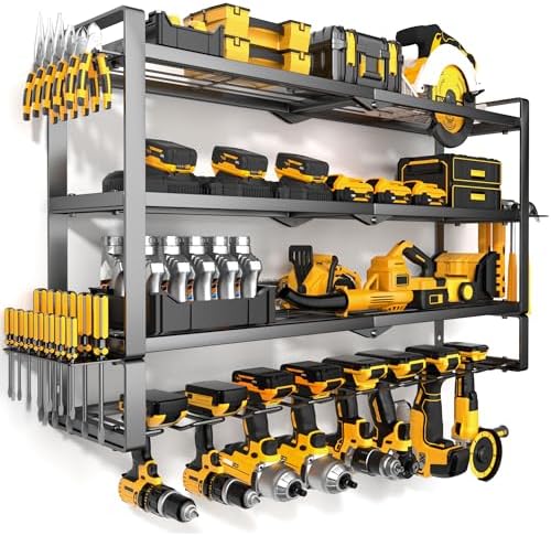 MOOMSINE Large Power Tool Organizer Wall Mount for Garage, 4-Tier Heavy Duty Metal Storage Rack Loads 400lbs, Battery Tools Hanger with 8 Cordless Drill Holders for Workshop, Pegboard, Shed