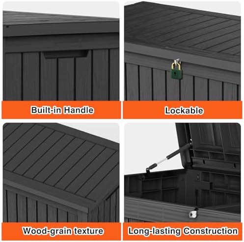 180 Gallon Lockable Resin Outdoor Storage Box, Waterproof & Weather Resistant Deck Box for Patio Cushion, Garden Tools & Pool Accessories, Black