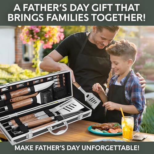Kaluns Grilling Accessories, Dad Gifts for Fathers Day, Mothers Day Grilling Gifts, Heavy Duty Stainless Steel BBQ Tool Set for Outdoor Grill with Aluminum Case and Apron, Birthday Gifts for Men