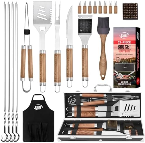 Kaluns Grilling Accessories, Dad Gifts for Fathers Day, Mothers Day Grilling Gifts, Heavy Duty Stainless Steel BBQ Tool Set for Outdoor Grill with Aluminum Case and Apron, Birthday Gifts for Men