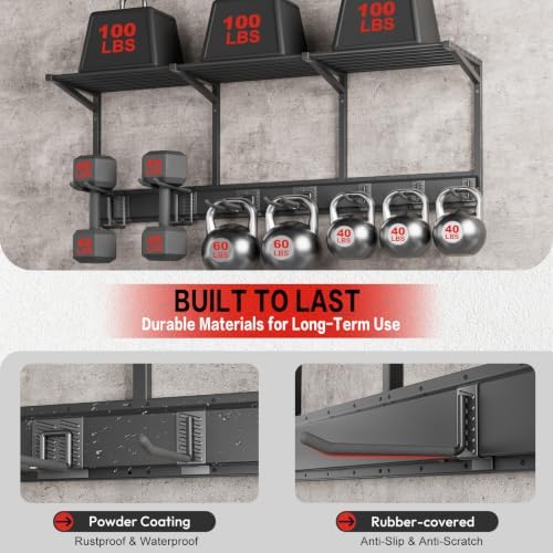 Garage Wall Organizer with Storage Shelves, 48" Garden Tool Organizer with Shelving Units and Hooks Hangers, Heavy Duty Metal Shelf with Shovel Rake Holder, Garage Organization Rack for Yard Shed Lawn