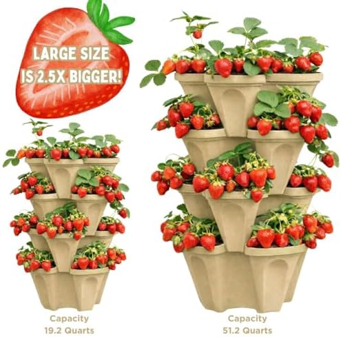 Stackable Vertical Planter Tower, 4 Tier Strawberry Planter,16 Plant Sites, Space Saving Garden Planter for Vegetables & Herbs, Indoor Outdoor, Made in USA (Desert Sand)