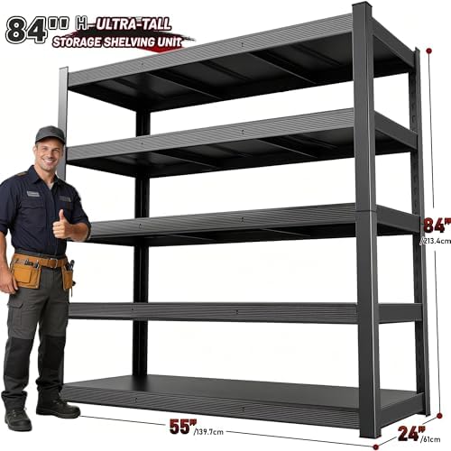 84" H 5-Tier Heavy Duty Storage Shelves, 3000LBS Capacity Adjustable Metal Industrial Garage Shelving Units,Freestanding Storage Rack for Shop and Warehouse, 84" H x 55" W x 24" D