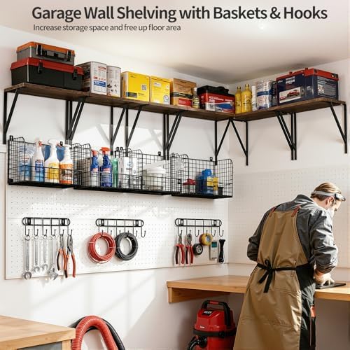 Housolution Garage Shelving Wall Mounted with Basket & Hook up to 154 LBS