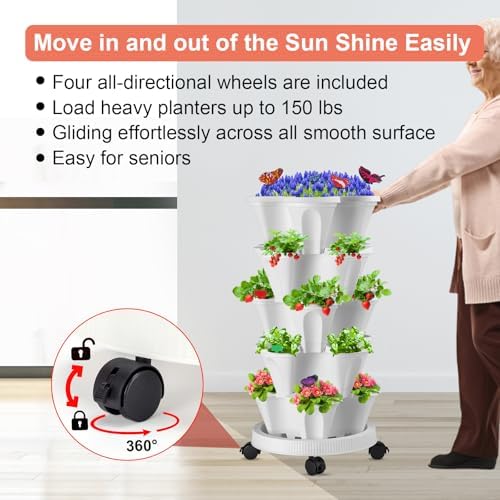 GameXcel Vertical Planter Tower - 5 Tier Stackable Garden Planters with Wheels and Tools Plant Pots for Strawberry Herb Flower and Vegetable Indoor Outdoor Use White