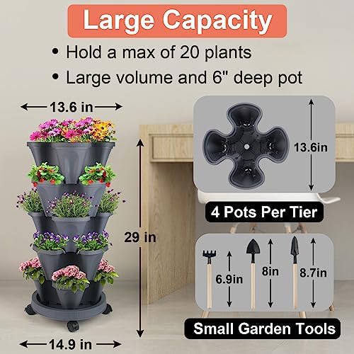 GameXcel Vertical Planter Tower - 5 Tier Stackable Garden Planters with Wheels and Tools Plant Pots for Strawberry Herb Flower and Vegetable Indoor Outdoor Use Dark Gray