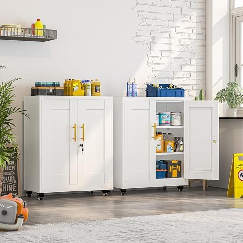 Small Metal Storage Cabinet with Wheels, Lockable Tool Cabinet with Doors